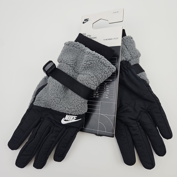 Nike High Pile Fleece Winter Gloves Black Gray Therma-Fit Adjustable Men's Med - Picture 1 of 5
